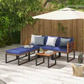 6 Piece Patio Acacia Wood Conversation Sofa Set with Ottomans and Coffee Table-Navy