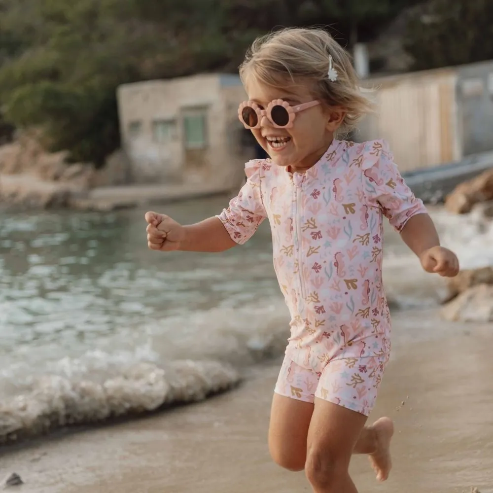 Girls Swimsuit Short Sleeves Ruffles Ocean Dreams rash guard  Pink