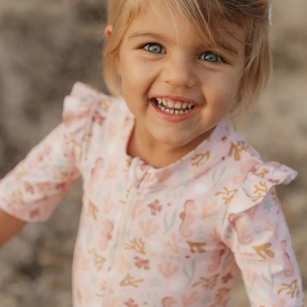 Girls Swimsuit Short Sleeves Ruffles Ocean Dreams rash guard  Pink