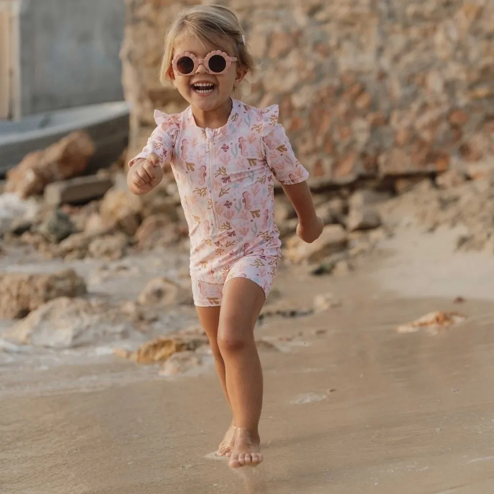 Girls Swimsuit Short Sleeves Ruffles Ocean Dreams rash guard  Pink