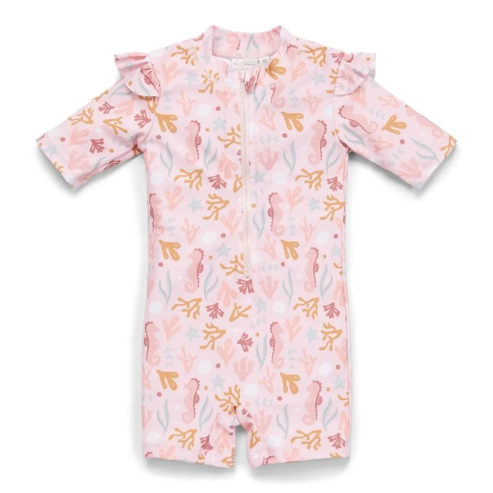 Girls Swimsuit Short Sleeves Ruffles Ocean Dreams rash guard  Pink