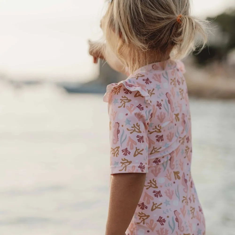 Girls Swimsuit Short Sleeves Ruffles Ocean Dreams rash guard  Pink