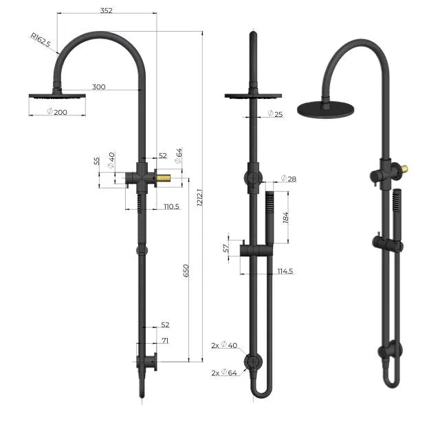 Meir Gooseneck Shower Set with 200mm Rose, Three-Function Hand Shower Chrome