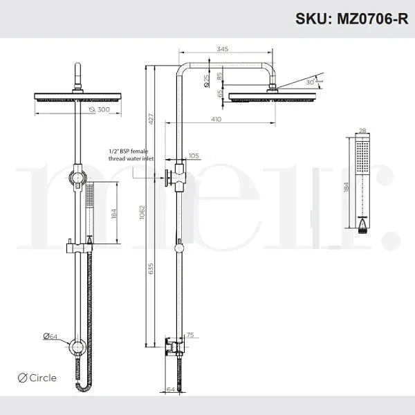 Meir Round Combination Shower Rail 300mm Rose & Hand Shower - Chrome